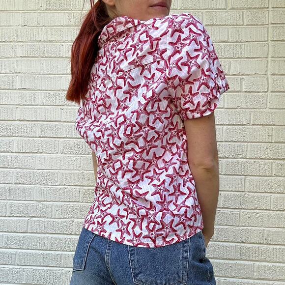 Karen Scott White Red Starfish Printed Button Up Shirt - Picture 2 of 3